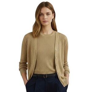 Lauren Ralph Lauren Tan Ribbed Knit V-Neck Cardigan Sweater NWT Large